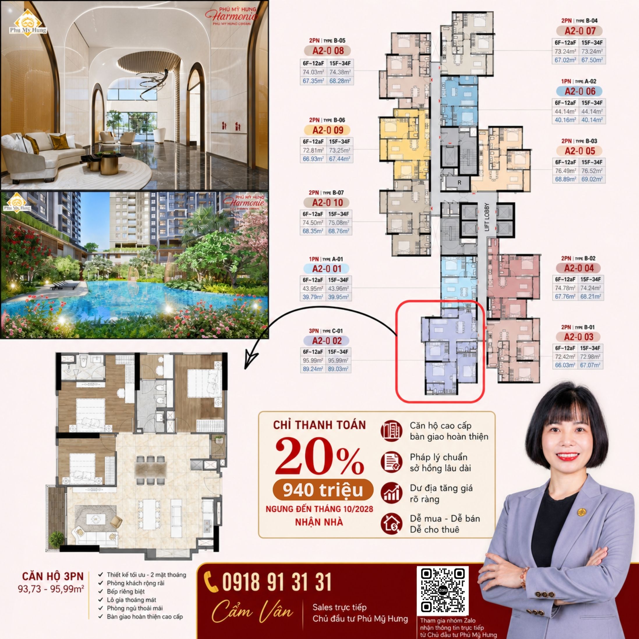 Căn góc 3 phòng ngủ Phú Mỹ Hưng Harmonie A2-2X02 – tầng cao view thoáng, kèm ô đậu xe định danh